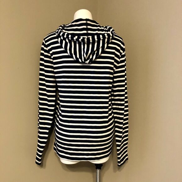 J. Crew Hooded Pullover Small Navy Blue White Stripe Front Pouch Pocket Loose - Picture 3 of 11